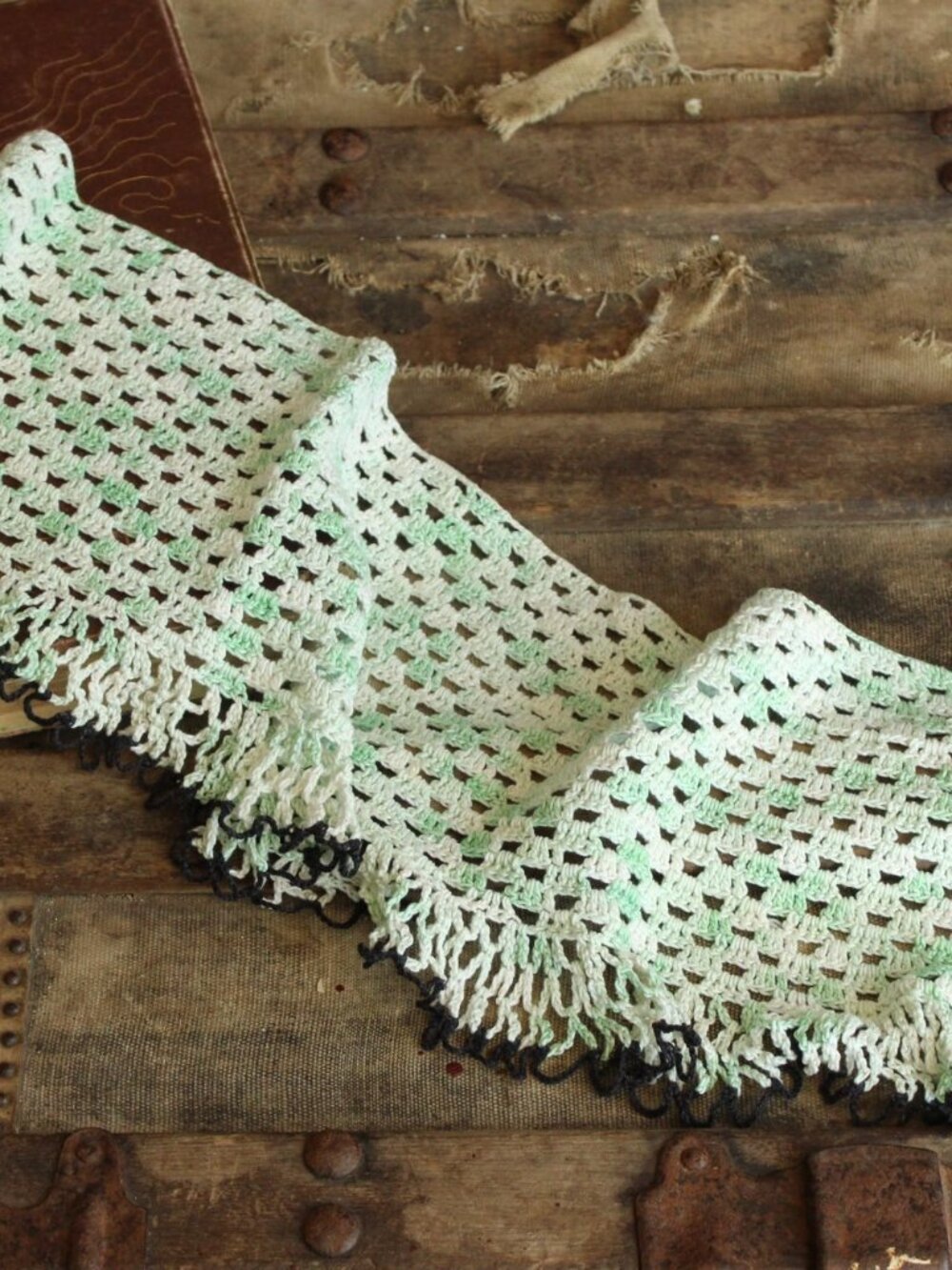 Vintage Crochet Doily in Green and White And Black,  Long Table Scarf, Woven Tab